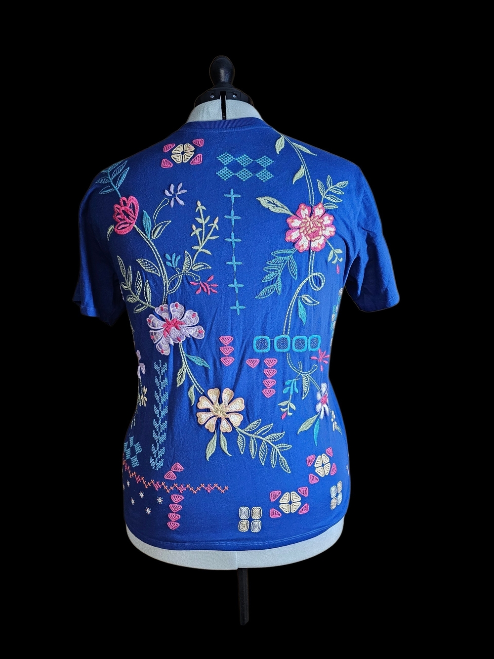 Johnny Was Royal Blue Embroidered Floral Short Sleeve Tee - Picture 2 of 5